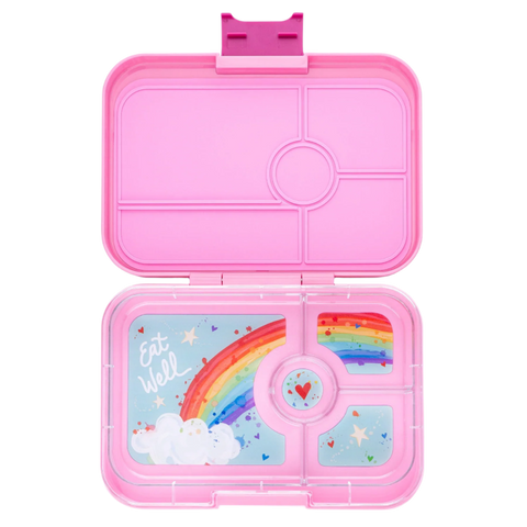 Leakproof Yumbox Tapas Bento Lunch Box - 4 Compartment - Capri Pink with Rainbow Tray